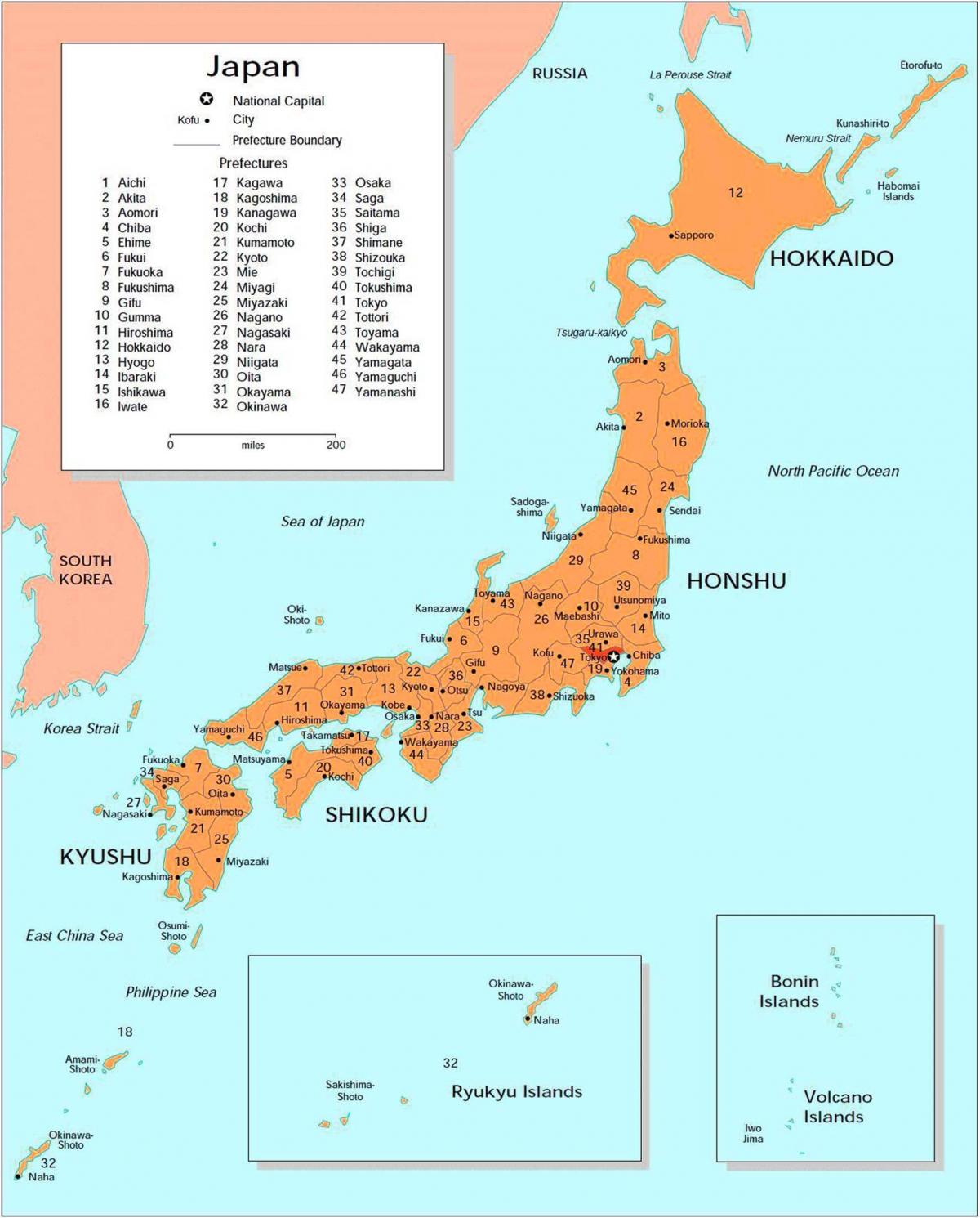 Карта Японии с основными городами